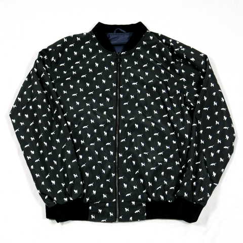 Black Critter Print Zip Bomber Jacket