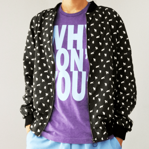 Black Critter Print Zip Bomber Jacket