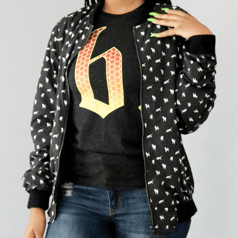 Black Critter Print Zip Bomber Jacket
