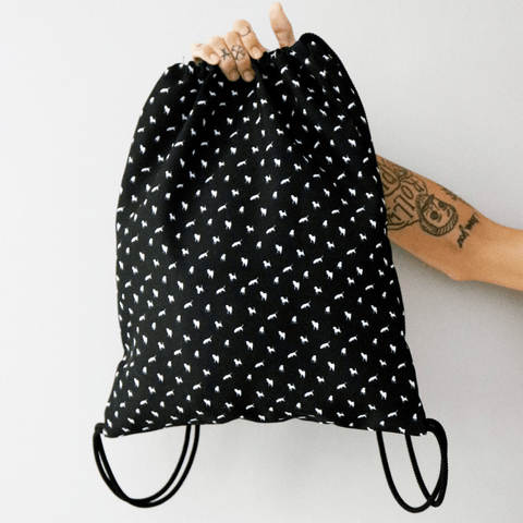 black-critter-print-drawstring-bag